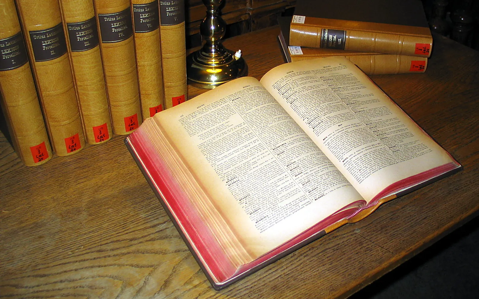 A large open dictionary on a wooden desk