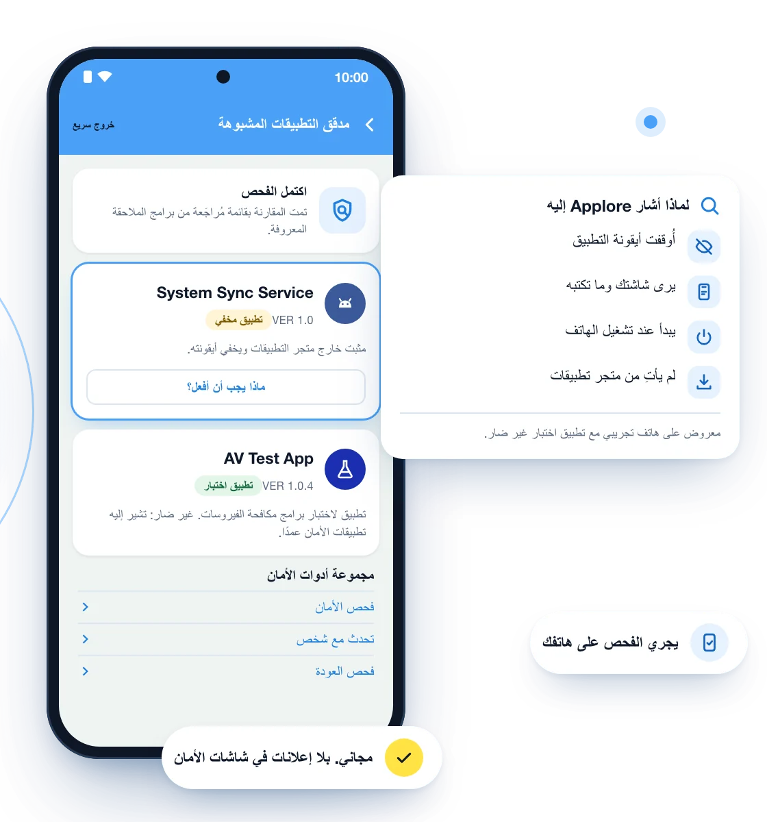 رسم توضيحي لمدقق التطبيقات المشبوهة في Applore على هاتف. أُشير إلى تطبيق اختبار مخفي اسمه System Sync Service، وتشرح بطاقة السبب: أُوقفت أيقونة التطبيق، ويستطيع رؤية الشاشة وما تكتبه، ويبدأ عند تشغيل الهاتف، ولم يأتِ من متجر تطبيقات. ويظهر تطبيق غير ضار لاختبار برامج مكافحة الفيروسات موسومًا بأنه تطبيق اختبار. وتقول العبارات إن الفحص يجري على هاتفك وإنه مجاني، بلا إعلانات في شاشات الأمان.