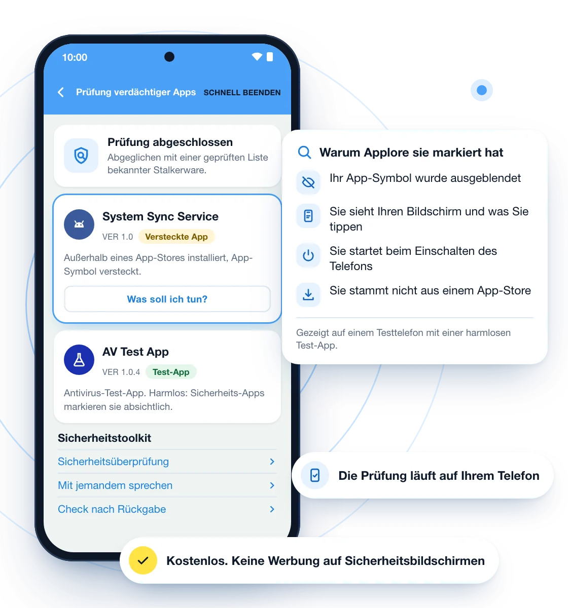 Illustration der Prüfung verdächtiger Apps von Applore auf einem Telefon. Eine versteckte Test-App, System Sync Service, ist markiert, und eine Karte erklärt warum: Ihr App-Symbol wurde ausgeblendet, sie sieht den Bildschirm und was Sie tippen, sie startet beim Einschalten des Telefons, und sie stammt nicht aus einem App-Store. Eine harmlose Antivirus-Test-App ist als Test-App gekennzeichnet. Hinweise sagen, dass die Prüfung auf Ihrem Telefon läuft und kostenlos ist, ohne Werbung auf den Sicherheitsbildschirmen.