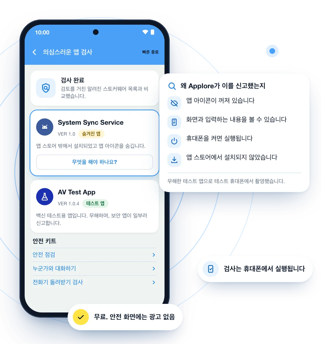 휴대폰에 표시된 Applore 의심스러운 앱 검사 그림. 숨겨진 테스트 앱 System Sync Service가 신고되어 있고, 카드에 그 이유가 적혀 있습니다. 앱 아이콘이 꺼져 있고, 화면과 입력하는 내용을 볼 수 있으며, 휴대폰을 켜면 실행되고, 앱 스토어에서 설치되지 않았습니다. 무해한 백신 테스트용 앱은 테스트 앱으로 표시되어 있습니다. 검사는 휴대폰에서 실행되고 무료이며 안전 화면에는 광고가 없다는 라벨도 있습니다.