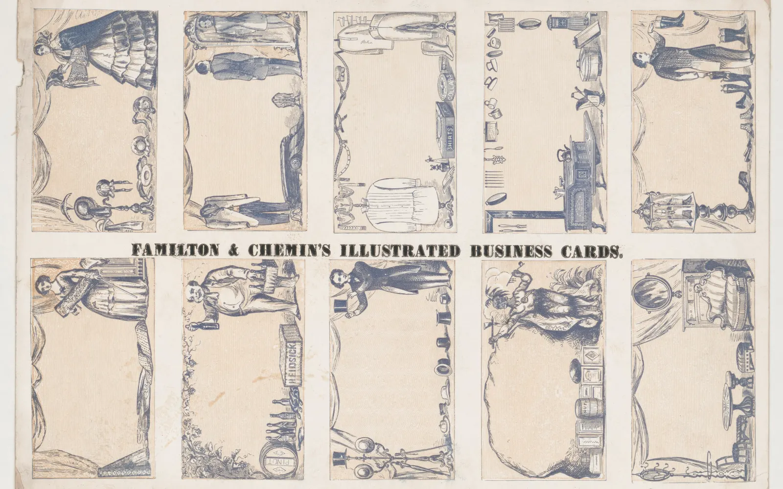 A vintage engraved sheet of illustrated business cards