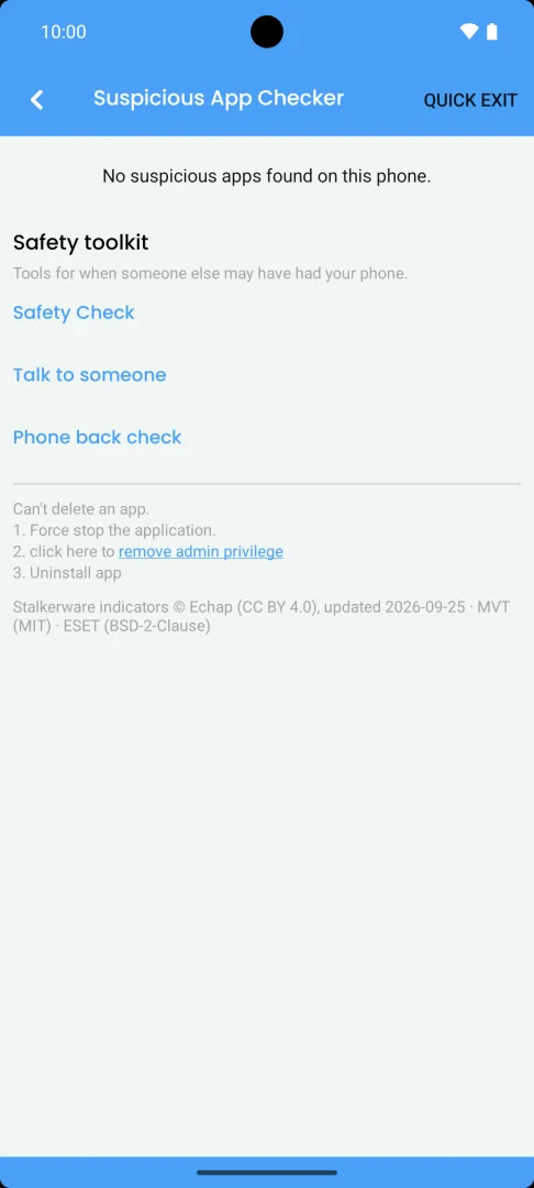 Applore's Suspicious App Checker on a test phone. It says 'No suspicious apps found on this phone', with the Safety toolkit below: Safety Check, Talk to someone and Phone back check.