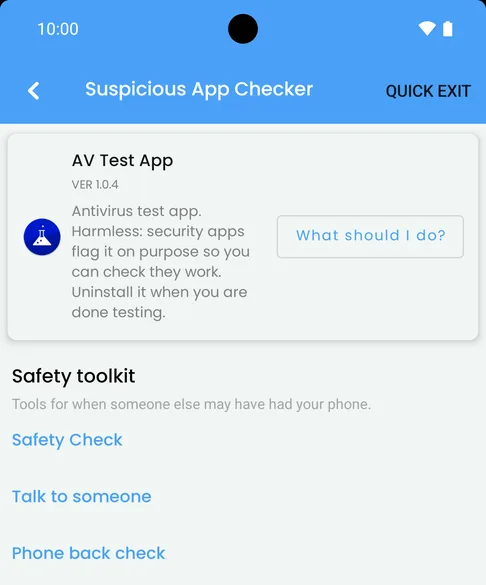 Applore's Suspicious App Checker on a test phone with one app flagged: 'AV Test App. Antivirus test app. Harmless: security apps flag it on purpose so you can check they work', a 'What should I do?' button, and the Safety toolkit below.