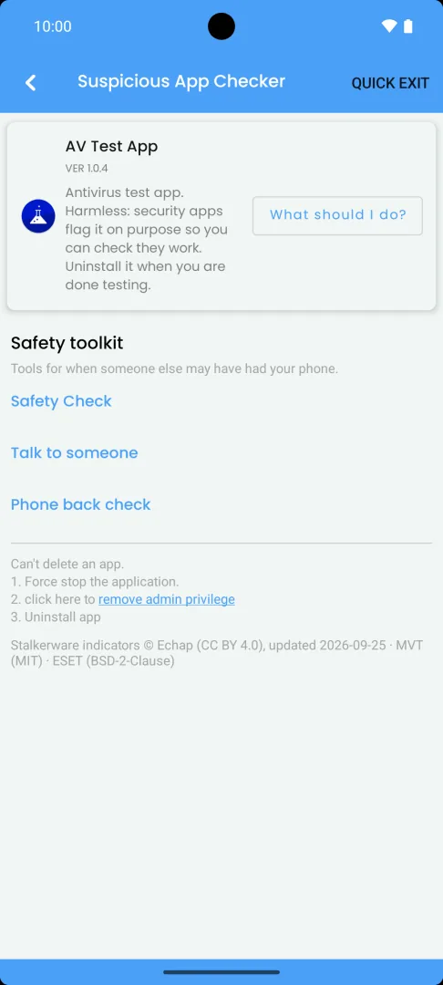Suspicious App Checker result on a test phone: one app flagged, 'AV Test App', with the explanation 'Antivirus test app. Harmless: security apps flag it on purpose so you can check they work' and a 'What should I do?' button.