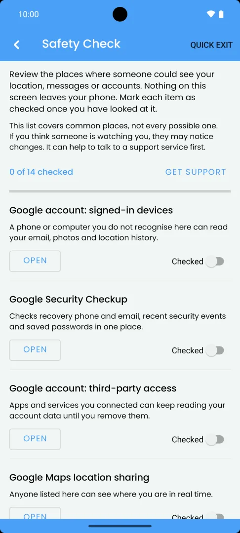 Safety Check list on a test phone: 0 of 14 items checked, starting with Google signed-in devices, Security Checkup, third-party access and Maps location sharing.