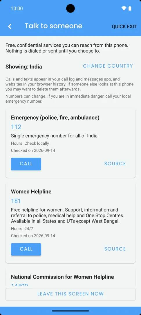 Talk to someone screen with India selected: 112, Women Helpline 181 and the NCW helpline, with a 'Leave this screen now' button at the bottom.