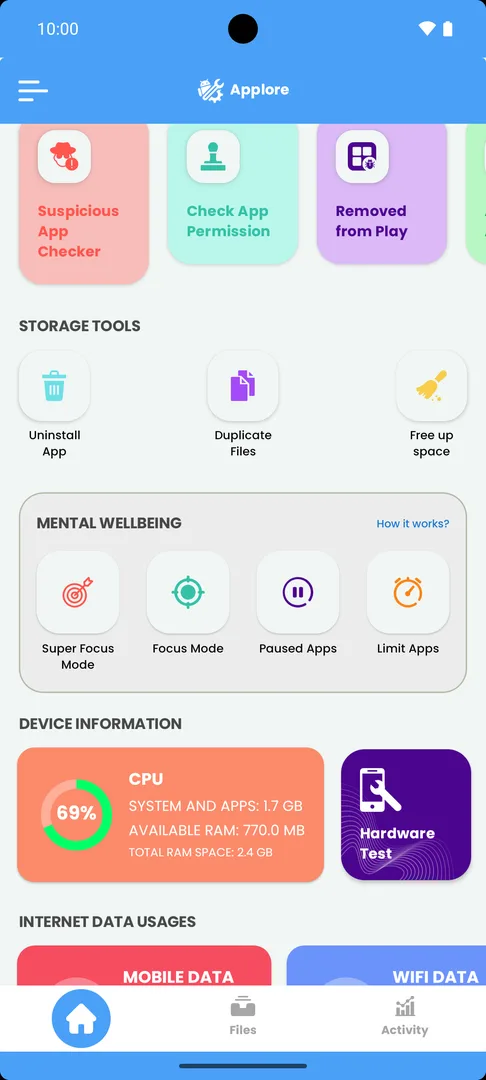 Applore's home screen with Mental Wellbeing (Super Focus Mode, Focus Mode, Paused Apps, Limit Apps) and Device Information: memory use and a Hardware Test button.
