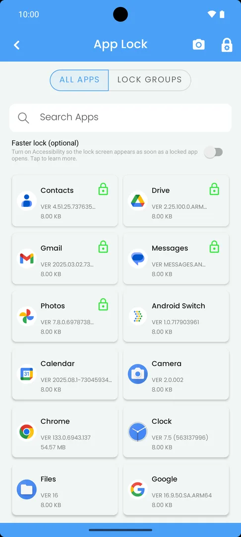 App Lock on a test phone: a grid of apps with green lock icons on Contacts, Drive, Gmail, Messages and Photos.