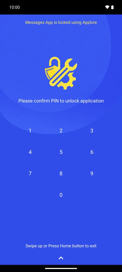 The Applore lock screen over Messages: 'Messages App is locked using Applore' and a PIN pad.