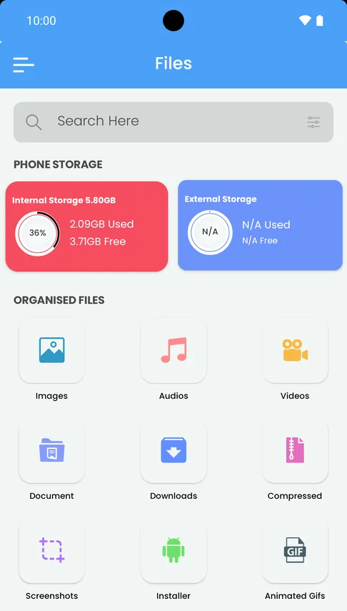 Applore's Files tab: phone storage used and free, then images, audio, videos, documents, downloads, compressed files, screenshots, installers and GIFs.