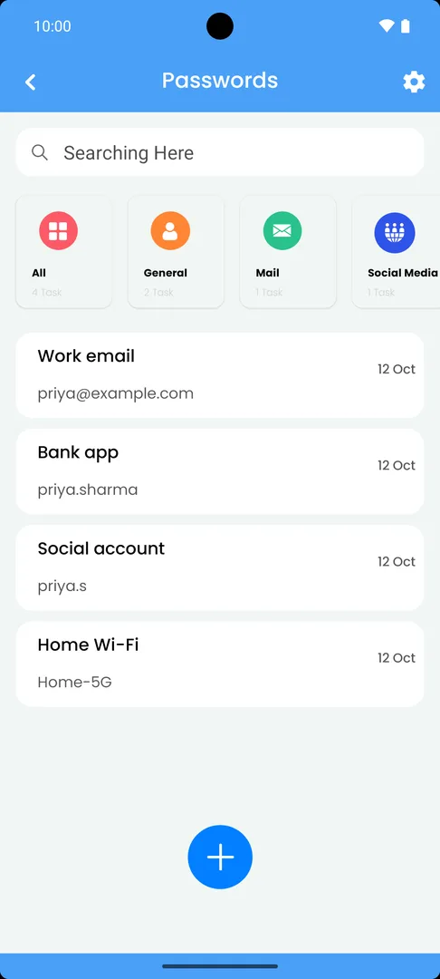 Password Vault on a test phone: entries for Work email, Bank app, Social account and Home Wi-Fi, grouped under General, Mail and Social Media.