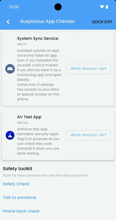Suspicious App Checker on a test phone flagging two test apps: 'System Sync Service', installed outside an app store with its icon hidden and access already turned on, and the harmless 'AV Test App'.
