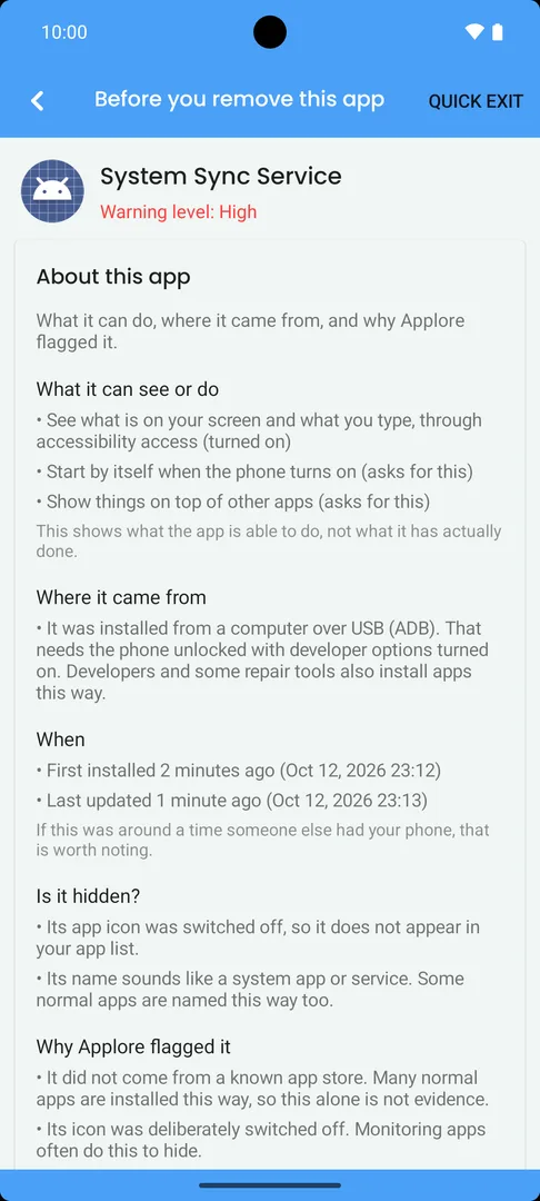 'About this app' for a test app named System Sync Service: what it can see or do (the screen and typing, through accessibility), where it came from, when it was installed, whether it is hidden, and why Applore flagged it.